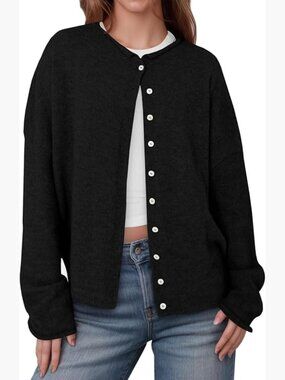 Lightweight Knit Cardigan Sweater Long Sleeve Crew Neck Button Up Loose Fit